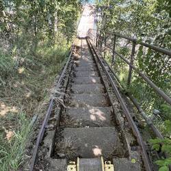 Looking down the stairs at the dock. See the trolley cable winch.