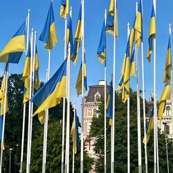 Latvia showing support to the Ukranians by flying their flag everywhere.