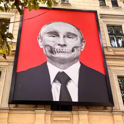 Putins face appeared on this wall opposite Russian embassy days afterthe Russian invasion.