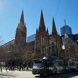 An old tram passes St. Paul's Cathedral