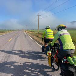 Chris and Bo rolling out of Missoula and into the misty Rockies.