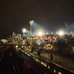 The famous Melbourne Cricket Ground after dark. Home to many sporting events, hosting an AFL match