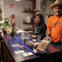 Tasting Mexican schnapps at the end of a free tour of the city.