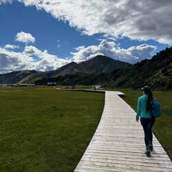The boardwalk at base camp with the nearby hot spring
