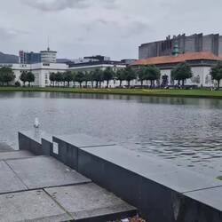 Park in Bergen and the houses on the hills