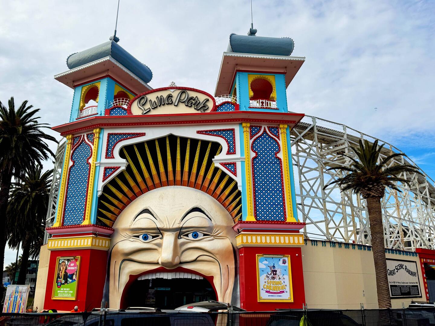 Mr Moon's giant mouth entrance to Luna Park, amusement park opened since 1912