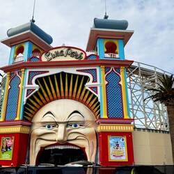Mr Moon's giant mouth entrance to Luna Park, amusement park opened since 1912