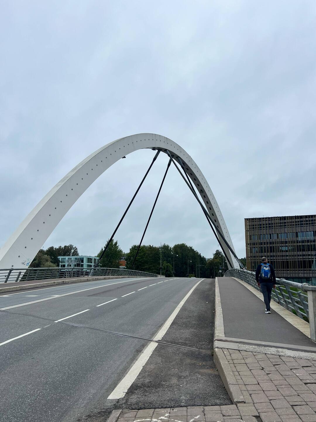 Geoff captivated by a diagonal arch bridge. He loved this bridge.