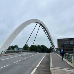 Geoff captivated by a diagonal arch bridge. He loved this bridge.