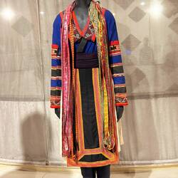 Costume 1980. Hemp, Cotton, Embroidered Patterns, Applique Turban, Shirt, Decorated Shoulders