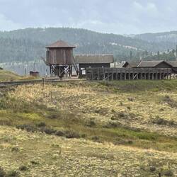 Detail at Osier. Coal stage, section house, station building, and water vat.