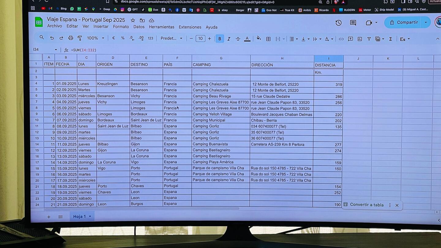 Programa de viaje en Excel