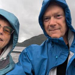 On the ferry, the only time we wore raincoats