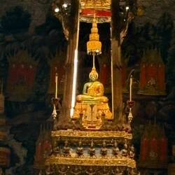 Emerald Buddha made of jade. 66 cms. Has 3 outfits - one for each season. The king dresses him