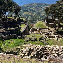 Looking from Kuelap to the mountains beyond, the entrance just below
