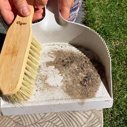 Susanne putzt den "Strand" aus dem Camper🧹