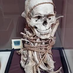 Skull, hair and assorted bones of a young Chachapoya man tied with vegetal rope