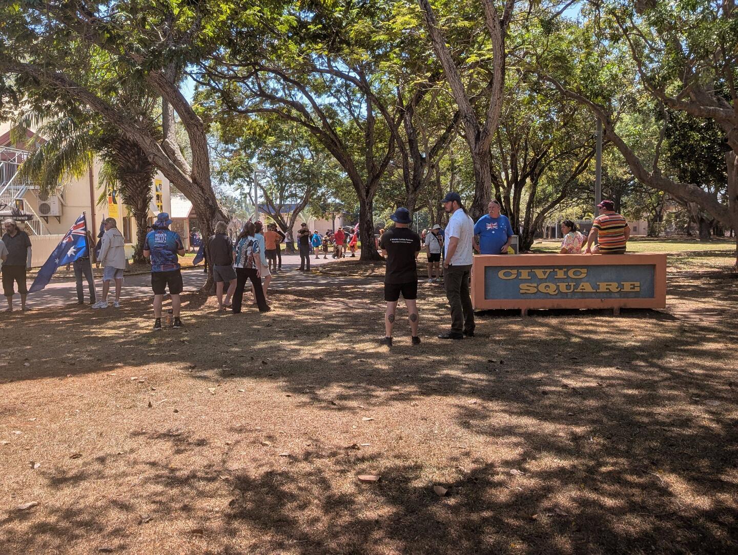 A small crowd starts gathering at the Civic Square