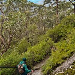 Descending the granite summit of Mt. Oberon. Turquoise flash of bay on the horizon.