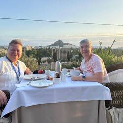 My travel buddy, Linda and I enjoying a fine start to the day.