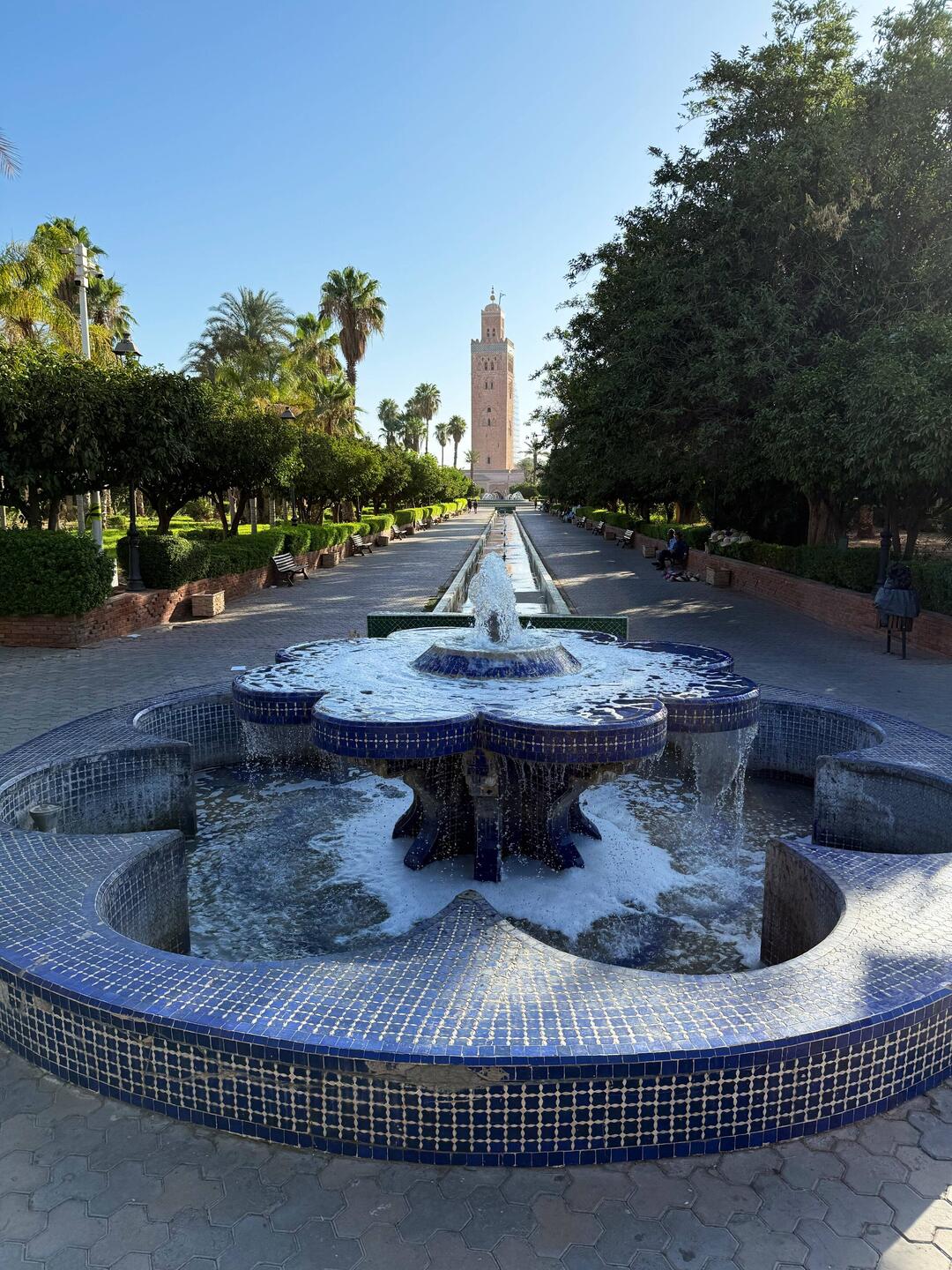 Park in Marrakech, old mosque in the background