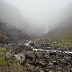 The fog blanketed waterfall