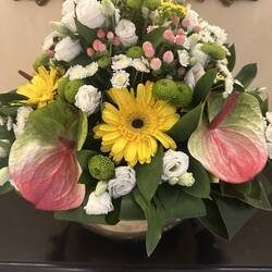 Gorgeous flower arrangement in the washroom at the hotel