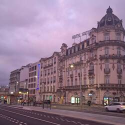 Sunset in town, near a unique old hotel