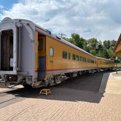 A Union Pacific passenger coach and dining car
