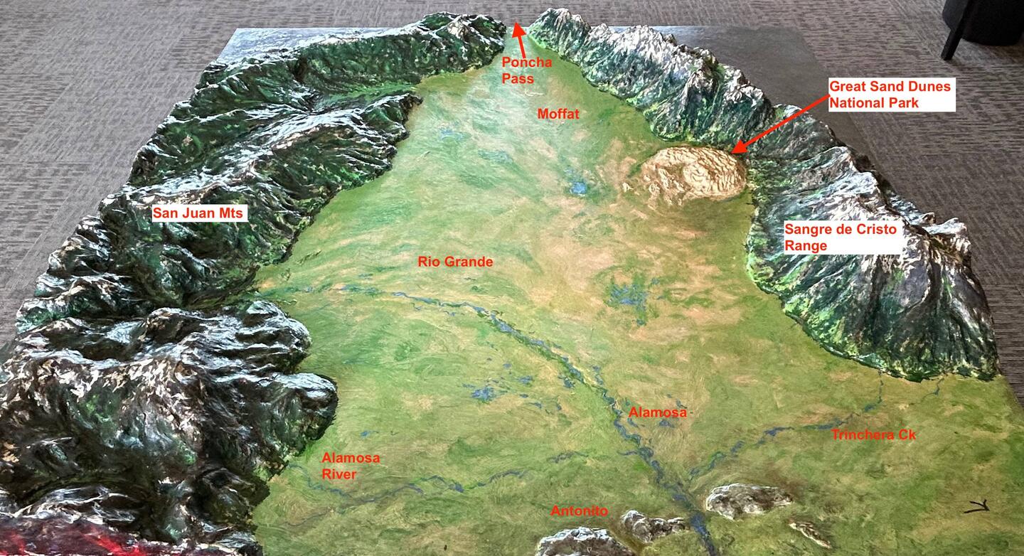 A diorama, which I've labelled, of the San Luis Valley, VERY roughly to scale