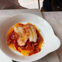 Spot prawn with bell pepper sauce like Mediterranean or French piperade