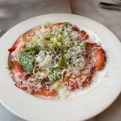 Plum, scallions, Parmesan, snap peas