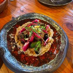 Eggplant puree with chewy beef cubes