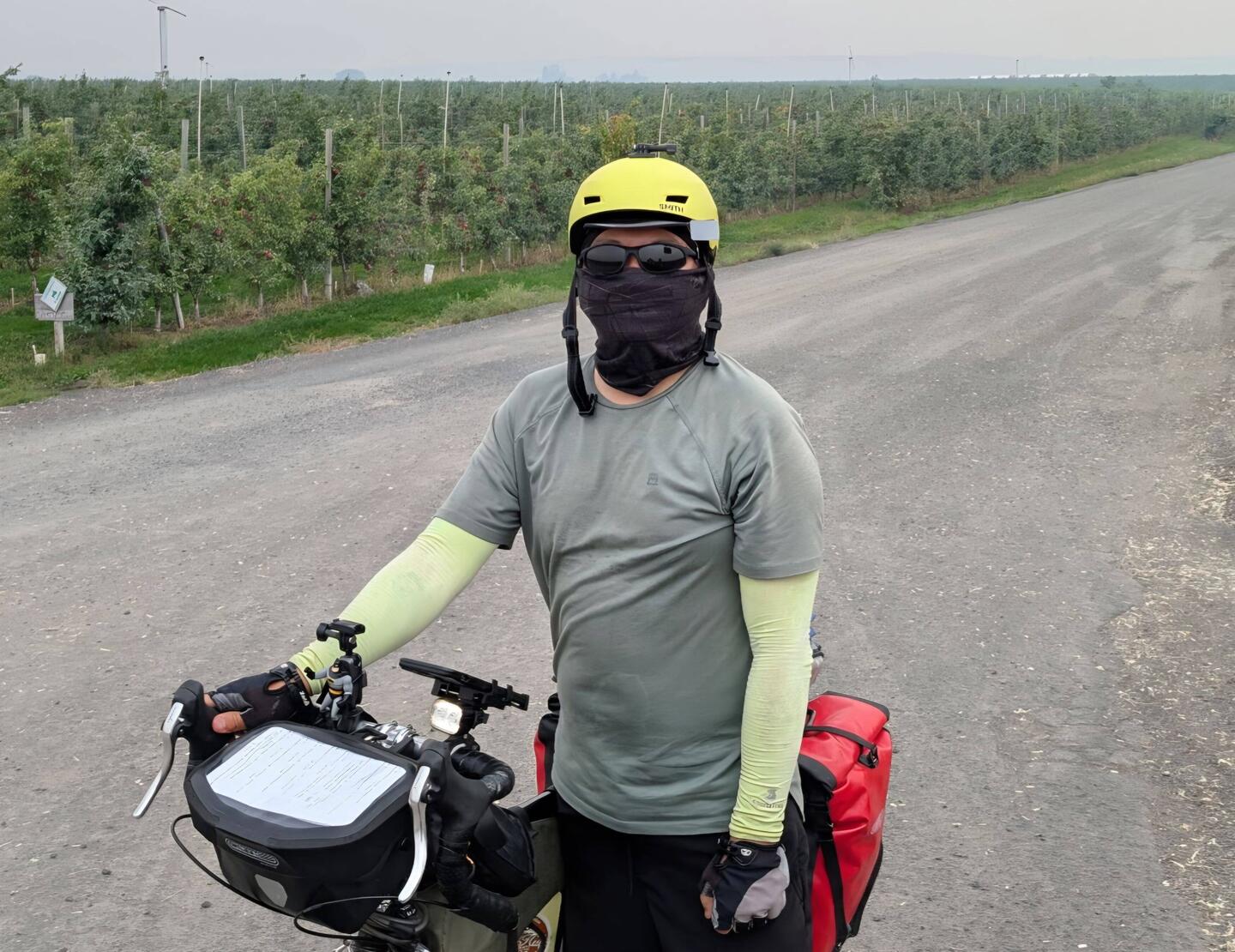 Ger Yang with face mask to partially help with wildfire smoke
