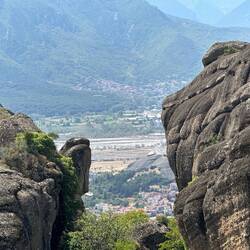 The town sits below these incredible rock formations