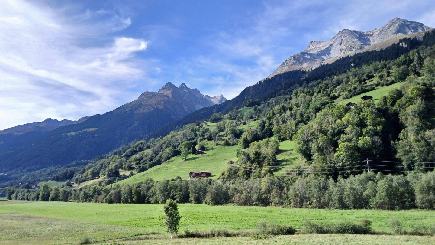 De grønne skråninger i dalen fra Chur mod Andermatt