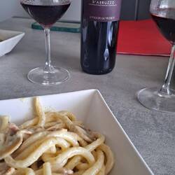 Creamy pasta and chianti