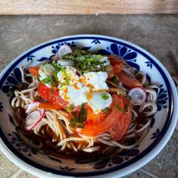 Tomato kimchi burrata soba