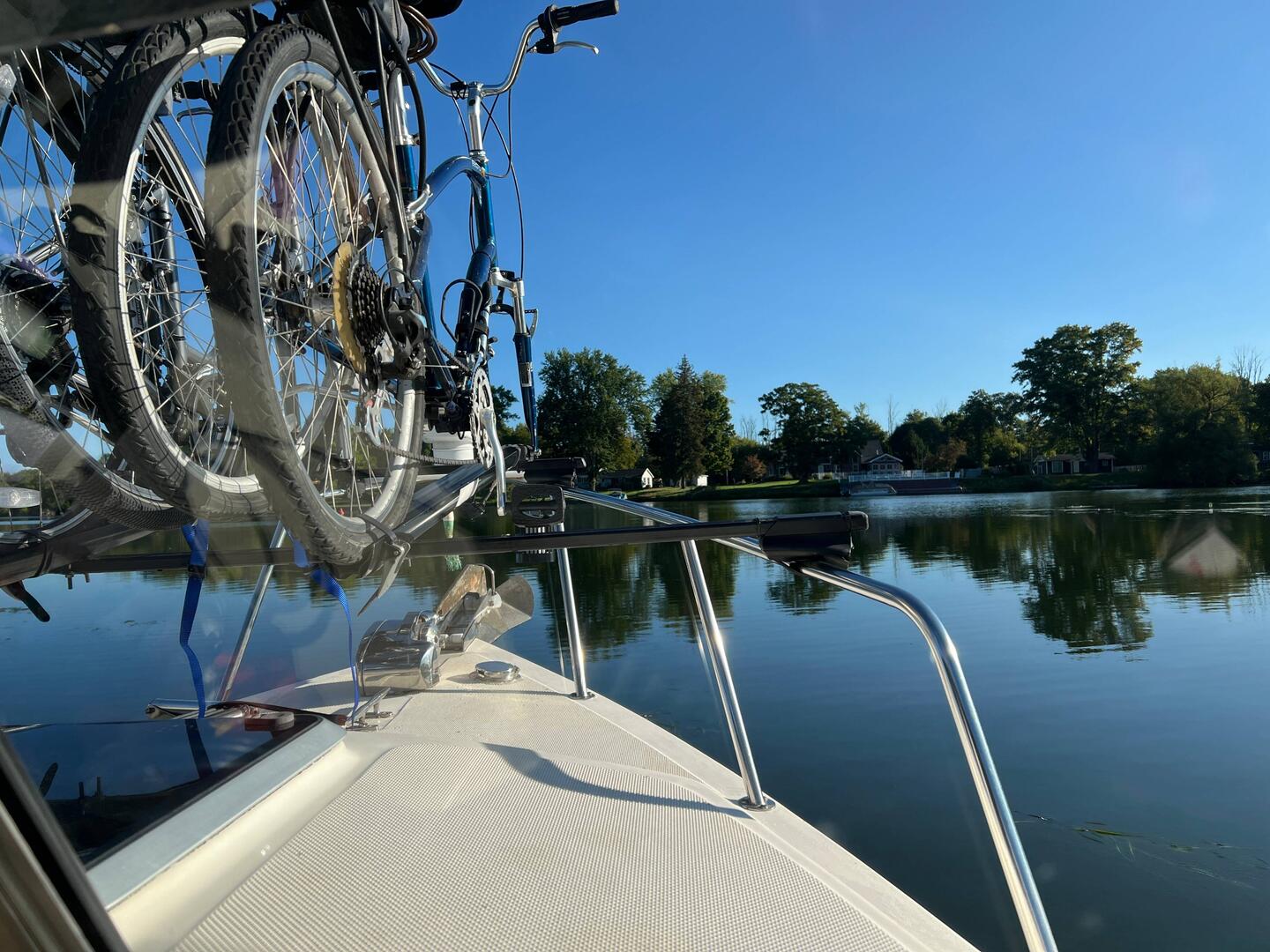 Heading out of Pirates Cove Marina. Just showing the view I have around the bikes on the bow