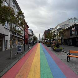 Downtown Reykjavík, the church is at the end of this cool rainbow street