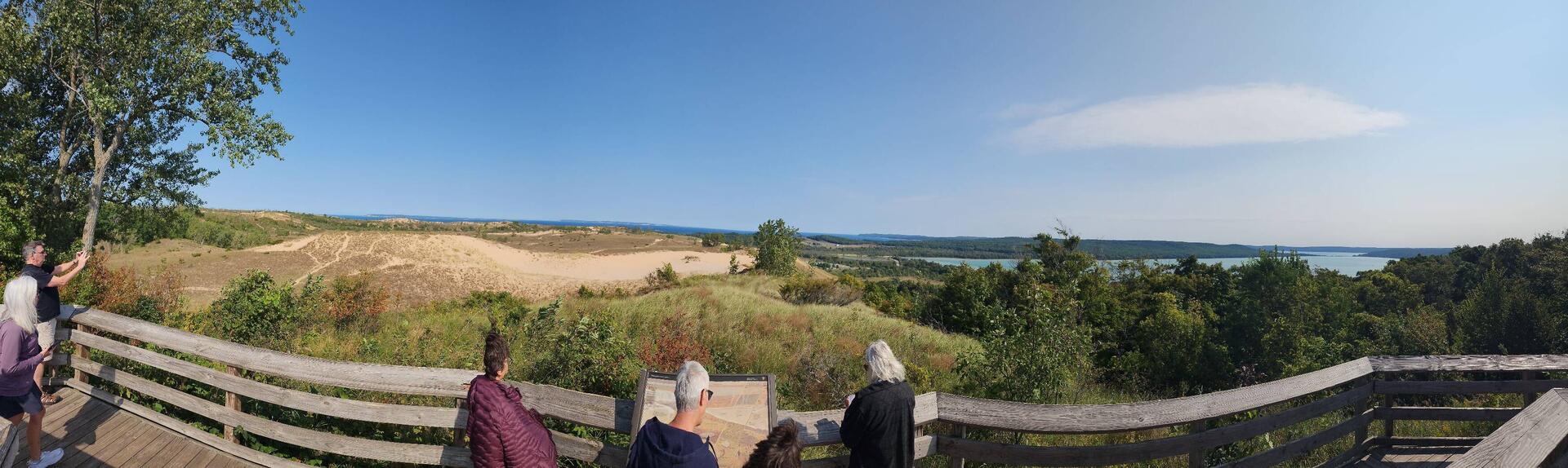 Panoramic view of Glen Lake on the far right and Lake Michigan in the distance.