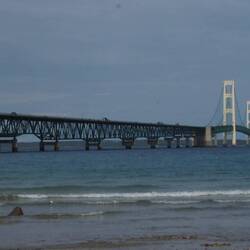 Mackinaw Bridge from the shore in front of the lighthouse