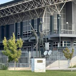 Basketball is played in the building behind the statue
