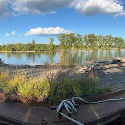 Panoramic view of Canal tug and barge at lock 8