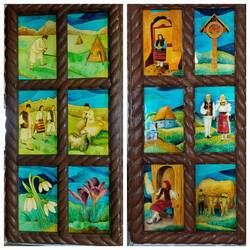 Coffee stop; inside were stained glass indications of the traditional lifestyle in Maramures