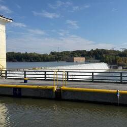 Water spilling over dam at Lock 7