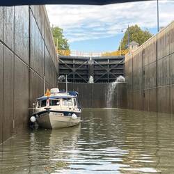 C-Otter in lock 2. Always an interesting pattern of leaking water at the upper gate.