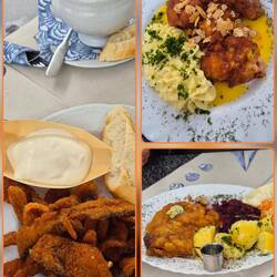 Karpfenstiks, Fischsuppe; Schleie-Filet, Karpfenschnitzel. Alles sehr gut und reichlich.