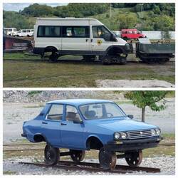 Vans and cars modified for use on the line are on display