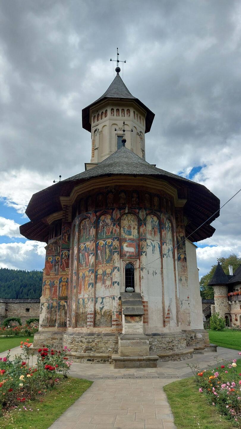 Moldovita Monastery; view on entry - the Eastern wall is weathered